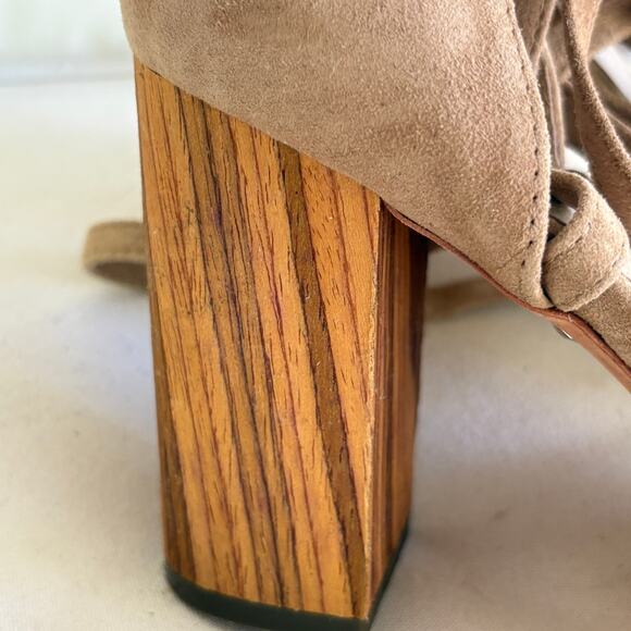 Raye Belle Wrap Heels 9 Suede Tan Brown Wooden Sandals Boho - Picture 5 of 8